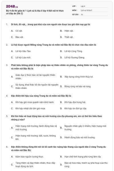 Bộ 4 đề thi giữa kì 1 Lịch sử & Địa lí lớp 4 Kết nối tri thức có đáp án (Đề 2)
