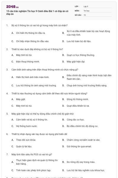 15 câu trắc nghiệm Tin học 9 Cánh diều Bài 1 có đáp án có đáp án