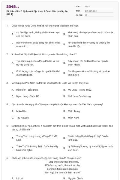 Đề thi cuối kì 1 Lịch sử & Địa lí lớp 5 Cánh diều có đáp án (Đề 1)