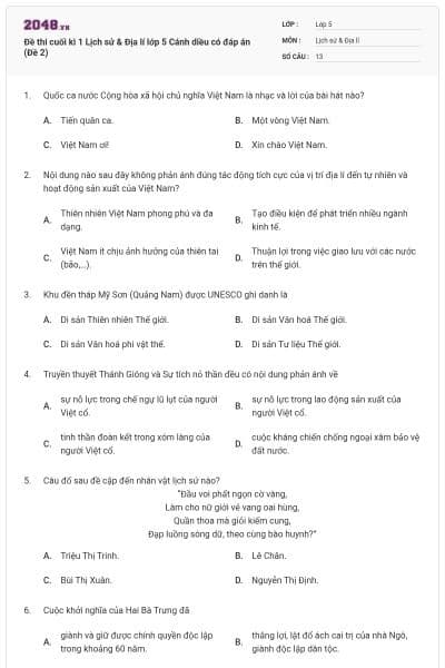 Đề thi cuối kì 1 Lịch sử & Địa lí lớp 5 Cánh diều có đáp án (Đề 2)