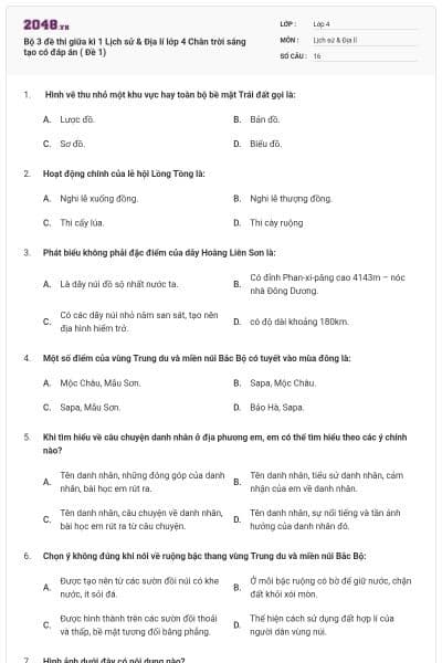 Bộ 3 đề thi giữa kì 1 Lịch sử & Địa lí lớp 4 Chân trời sáng tạo có đáp án ( Đề 1)