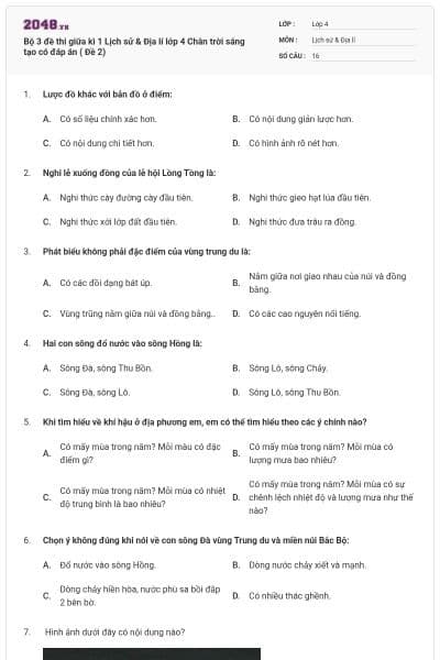 Bộ 3 đề thi giữa kì 1 Lịch sử & Địa lí lớp 4 Chân trời sáng tạo có đáp án ( Đề 2)