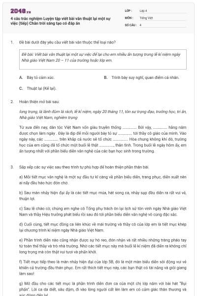4 câu trắc nghiệm Luyện tập viết bài văn thuật lại một sự việc (tiếp) Chân trời sáng tạo có đáp án