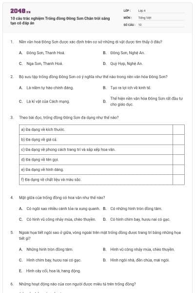 10 câu trắc nghiệm Trống đồng Đông Sơn Chân trời sáng tạo có đáp án