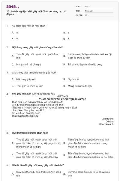 13 câu trắc nghiệm Viết giấy mời Chân trời sáng tạo có đáp án