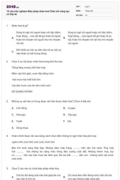 10 câu trắc nghiệm Biện pháp nhân hoá Chân trời sáng tạo có đáp án
