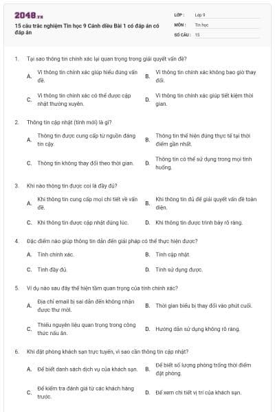 15 câu trắc nghiệm Tin học 9 Cánh diều Bài 1 có đáp án có đáp án