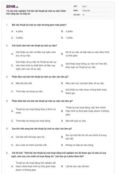 15 câu trắc nghiệm Trả bài văn thuật lại một sự việc Chân trời sáng tạo có đáp án