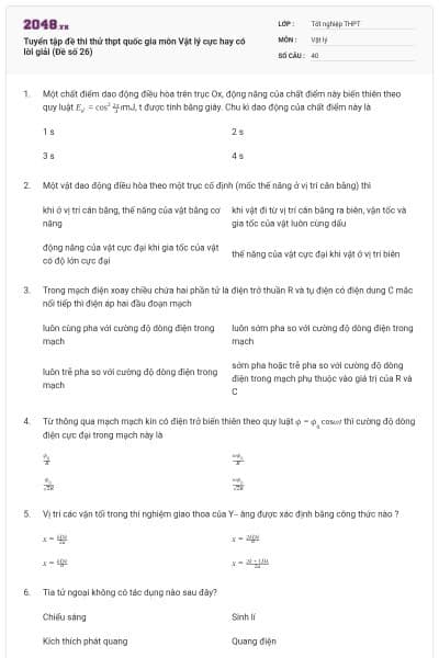 Tuyển tập đề thi thử thpt quốc gia môn Vật lý cực hay có lời giải (Đề số 26)