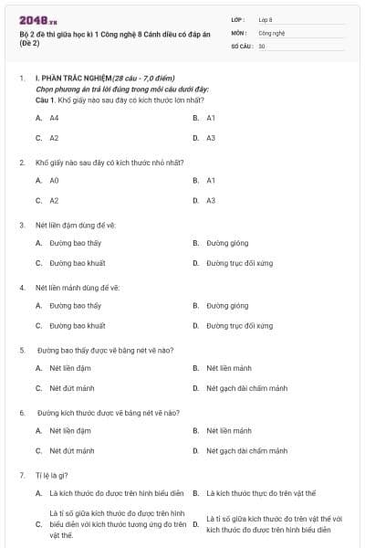 Bộ 2 đề thi giữa học kì 1 Công nghệ 8 Cánh diều có đáp án (Đề 2)