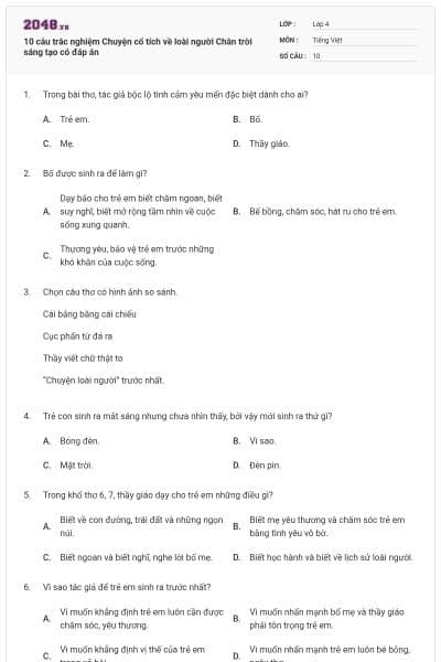 10 câu trắc nghiệm Chuyện cổ tích về loài người Chân trời sáng tạo có đáp án