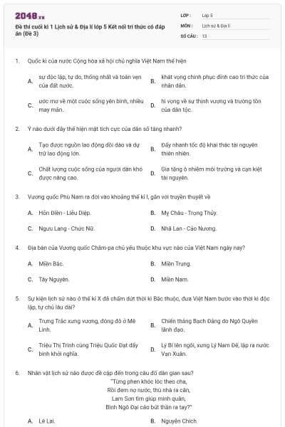 Đề thi cuối kì 1 Lịch sử & Địa lí lớp 5 Kết nối tri thức có đáp án (Đề 3)