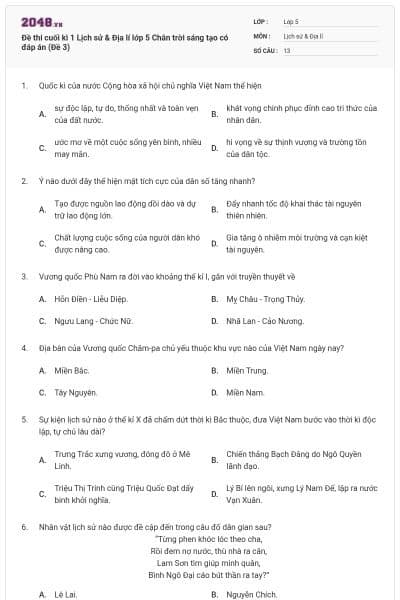 Đề thi cuối kì 1 Lịch sử & Địa lí lớp 5 Chân trời sáng tạo có đáp án (Đề 3)