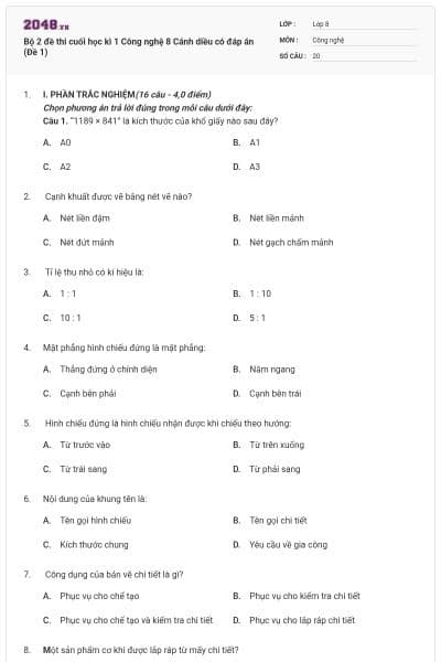 Bộ 2 đề thi cuối học kì 1 Công nghệ 8 Cánh diều có đáp án (Đề 1)