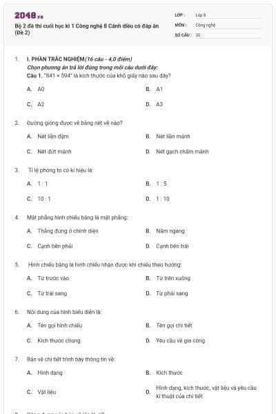 Bộ 2 đề thi cuối học kì 1 Công nghệ 8 Cánh diều có đáp án (Đề 2)