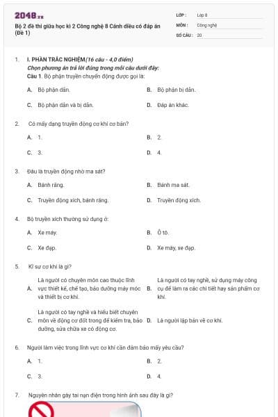 Bộ 2 đề thi giữa học kì 2 Công nghệ 8 Cánh diều có đáp án (Đề 1)