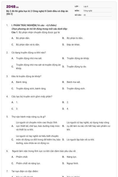 Bộ 2 đề thi giữa học kì 2 Công nghệ 8 Cánh diều có đáp án (Đề 2)