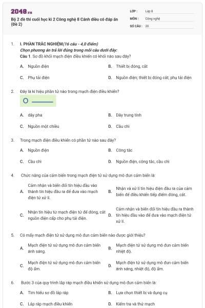 Bộ 2 đề thi cuối học kì 2 Công nghệ 8 Cánh diều có đáp án (Đề 2)