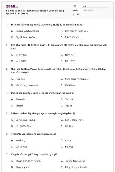 Bộ 3 đề thi cuối kì 1 Lịch sử & Địa lí lớp 4 Chân trời sáng tạo có đáp án  ( Đề 3)