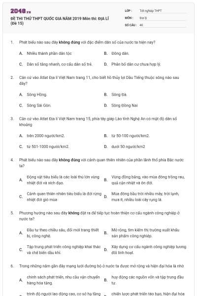 ĐỀ THI THỬ THPT QUỐC GIA NĂM 2019 Môn thi: ĐỊA LÍ (Đề 15)