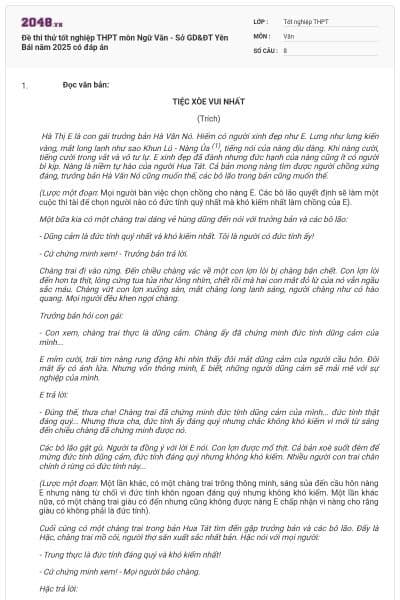 Đề thi thử tốt nghiệp THPT môn Ngữ Văn - Sở GD&ĐT Yên Bái năm 2025 có đáp án