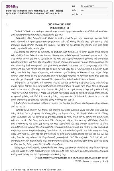 Đề thi thử tốt nghiệp THPT môn Ngữ Văn - THPT Hoàng Quốc Việt - Sở GD&ĐT Bắc Ninh năm 2025 có đáp án