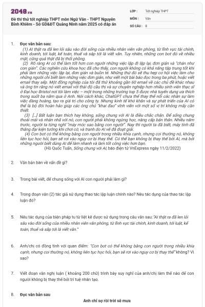 Đề thi thử tốt nghiệp THPT môn Ngữ Văn - THPT Nguyễn Bỉnh Khiêm - Sở GD&ĐT Quảng Ninh năm 2025 có đáp án