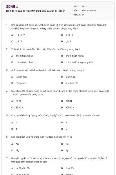 Bộ 2 đề thi cuối kì 1 KHTN 9 Cánh diều có đáp án - Đề 01