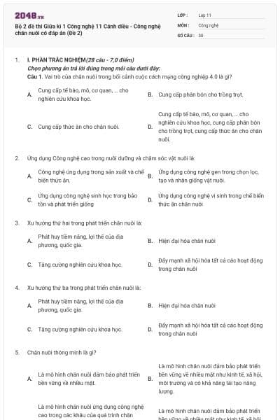 Bộ 2 đề thi Giữa kì 1 Công nghệ 11 Cánh diều - Công nghệ chăn nuôi có đáp án (Đề 2)