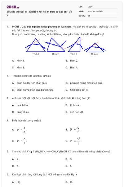 Bộ 2 đề thi cuối kì 1 KHTN 9 Kết nối tri thức có đáp án - Đề 01