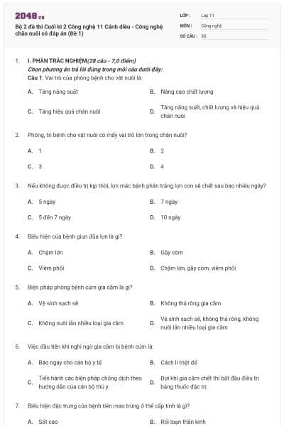 Bộ 2 đề thi Cuối kì 2 Công nghệ 11 Cánh diều - Công nghệ chăn nuôi có đáp án (Đề 1)