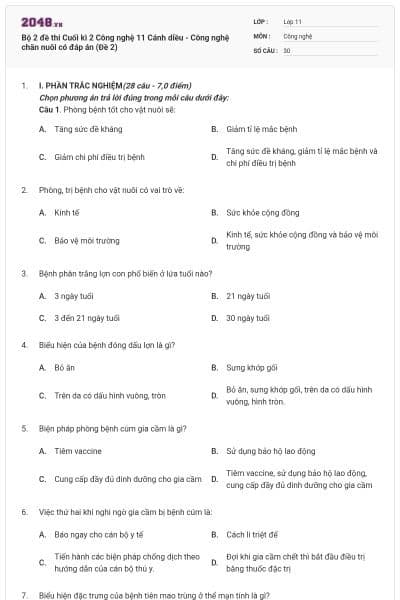 Bộ 2 đề thi Cuối kì 2 Công nghệ 11 Cánh diều - Công nghệ chăn nuôi có đáp án (Đề 2)