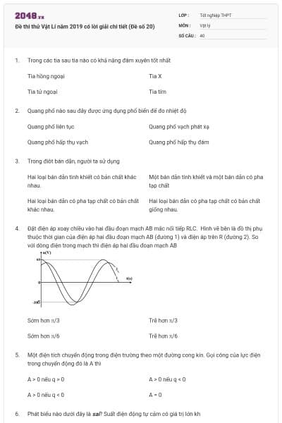 Đề thi thử Vật Lí năm 2019 có lời giải chi tiết (Đề số 20)