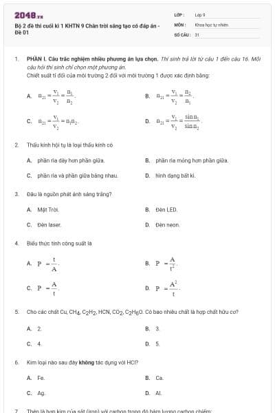 Bộ 2 đề thi cuối kì 1 KHTN 9 Chân trời sáng tạo có đáp án - Đề 01