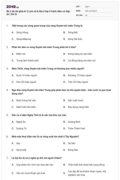 Bộ 3 đề thi giữa kì 2 Lịch sử & Địa lí lớp 4 Cánh diều có đáp án ( Đề 3)