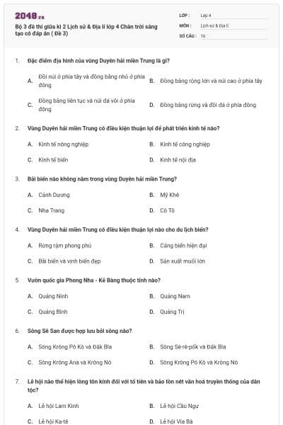 Bộ 3 đề thi giữa kì 2 Lịch sử & Địa lí lớp 4 Chân trời sáng tạo có đáp án  ( Đề 3)