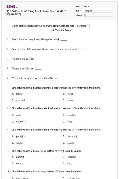 Bộ 5 đề thi cuối kì 1 Tiếng Anh 8 i-Learn Smart World có đáp án (Đề 2)