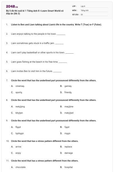 Bộ 5 đề thi cuối kì 1 Tiếng Anh 8 i-Learn Smart World có đáp án (Đề 3)