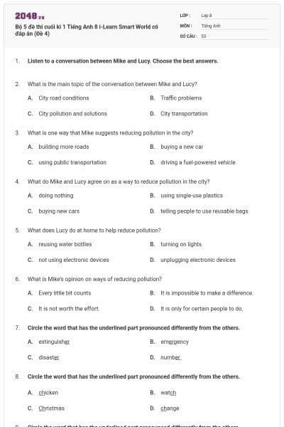 Bộ 5 đề thi cuối kì 1 Tiếng Anh 8 i-Learn Smart World có đáp án (Đề 4)