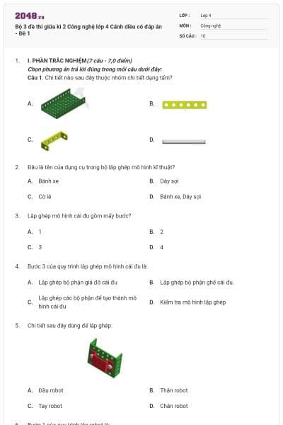 Bộ 3 đề thi giữa kì 2 Công nghệ lớp 4 Cánh diều có đáp án - Đề 1