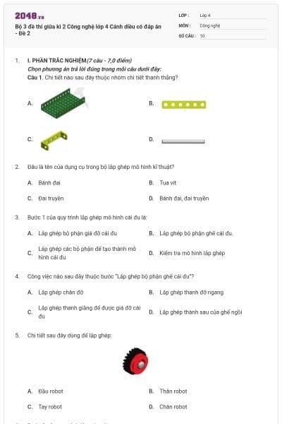 Bộ 3 đề thi giữa kì 2 Công nghệ lớp 4 Cánh diều có đáp án - Đề 2