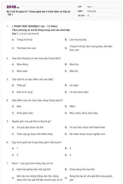 Bộ 3 đề thi giữa kì 1 Công nghệ lớp 4 Cánh diều có đáp án - Đề 1