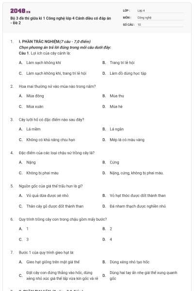 Bộ 3 đề thi giữa kì 1 Công nghệ lớp 4 Cánh diều có đáp án - Đề 2