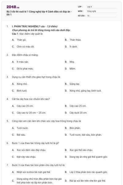 Bộ 3 đề thi cuối kì 1 Công nghệ lớp 4 Cánh diều có đáp án - Đề 1