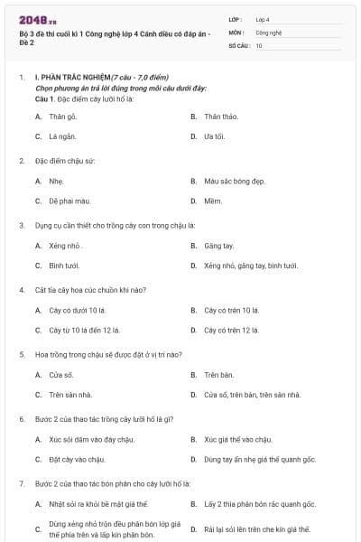 Bộ 3 đề thi cuối kì 1 Công nghệ lớp 4 Cánh diều có đáp án - Đề 2