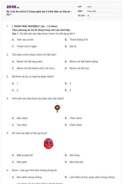 Bộ 3 đề thi cuối kì 2 Công nghệ lớp 4 Cánh diều có đáp án - Đề 1