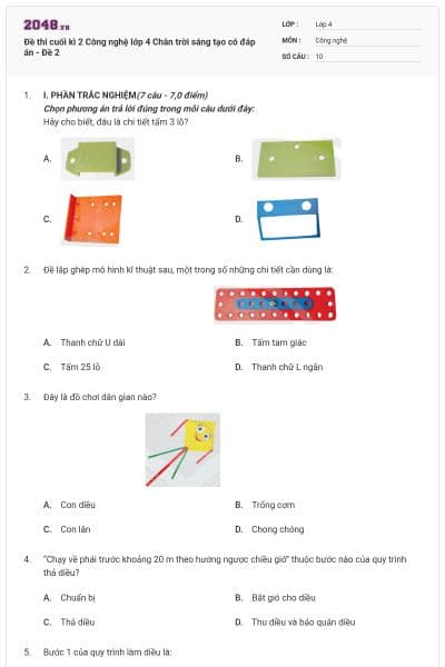 Đề thi cuối kì 2 Công nghệ lớp 4 Chân trời sáng tạo có đáp án - Đề 2