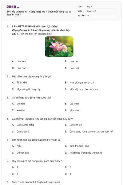 Bộ 3 đề thi giữa kì 1 Công nghệ lớp 4 Chân trời sáng tạo có đáp án - Đề 1