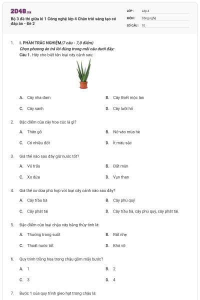 Bộ 3 đề thi giữa kì 1 Công nghệ lớp 4 Chân trời sáng tạo có đáp án - Đề 2