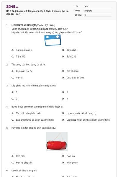 Bộ 3 đề thi giữa kì 2 Công nghệ lớp 4 Chân trời sáng tạo có đáp án - Đề 1